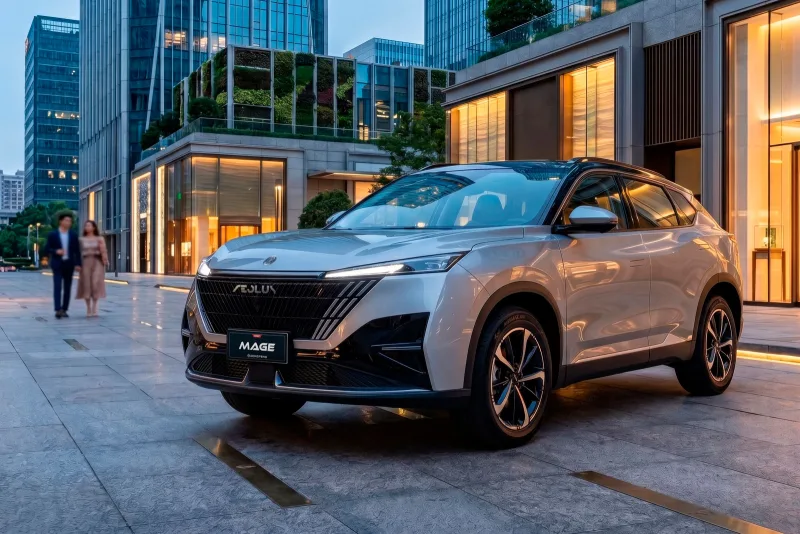 Dongfeng Mage plateado con techo negro frente a edificios de vidrio, de día