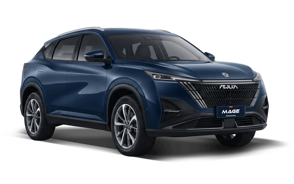 Dongfeng Mage Azul Cobalto, vista de tres cuartos por delante, vehículo completo