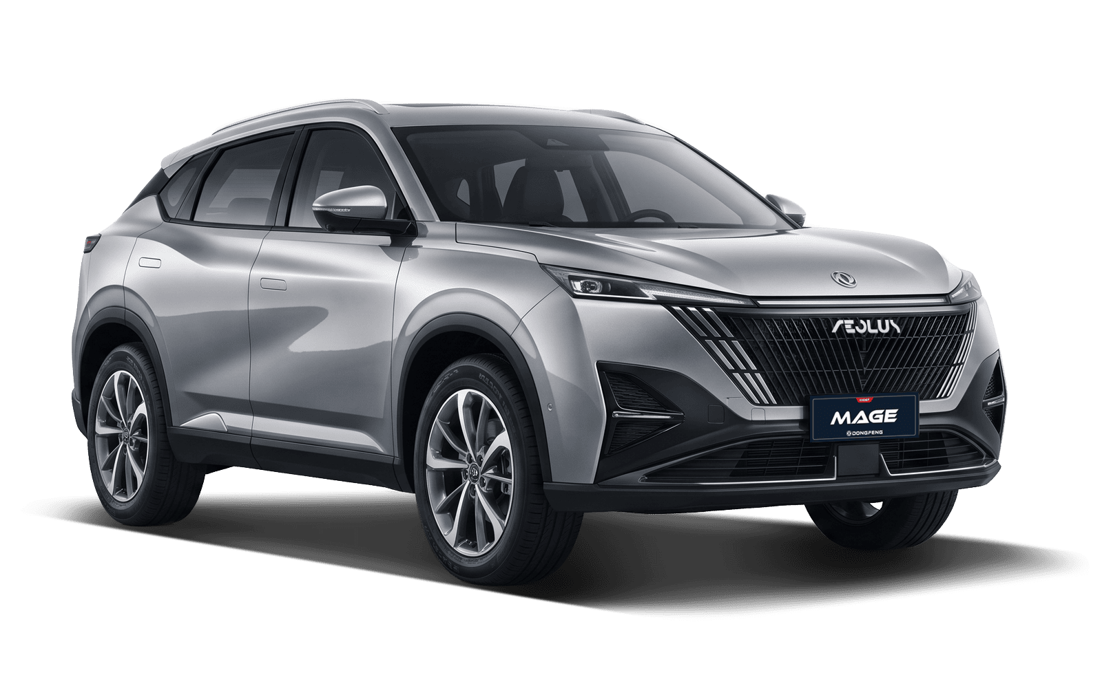 Dongfeng Mage gris, vista de tres cuartos con el vehículo completo