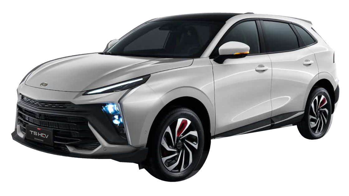 Dongfeng T5 EVO HEV blanco, de tres cuartos por delante, con la carrocería completa