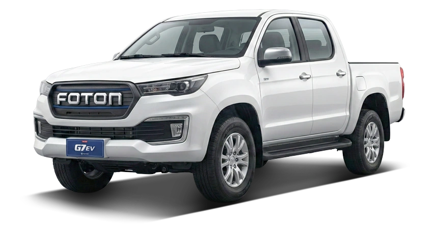 Foton G7 EV blanca doble cabina, vista de tres cuartos, fotografía oficial de CIDEF Chile