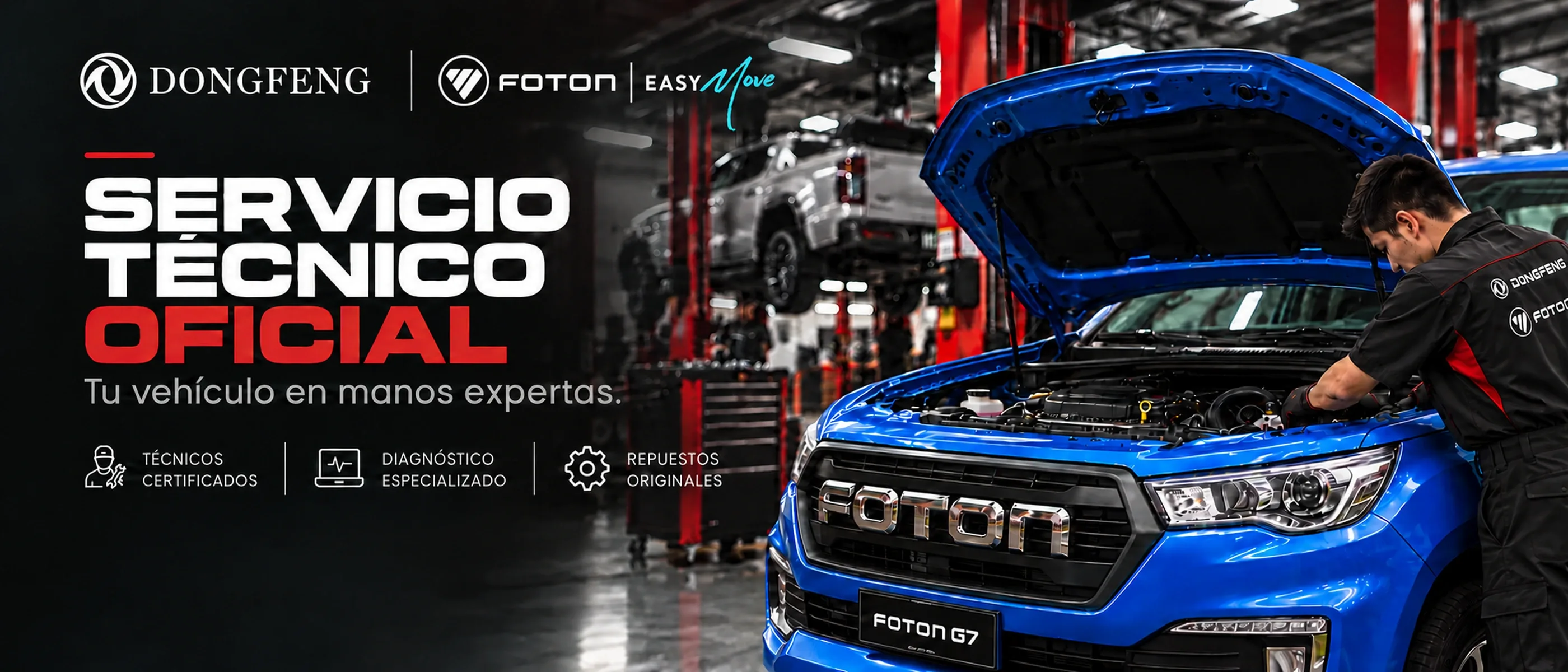 Servicio técnico oficial Dongfeng y Foton: técnico junto a una pickup azul en el taller