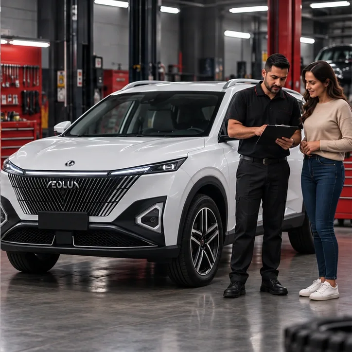 Asesor de servicio revisa con una clienta los trabajos de su Dongfeng Mage