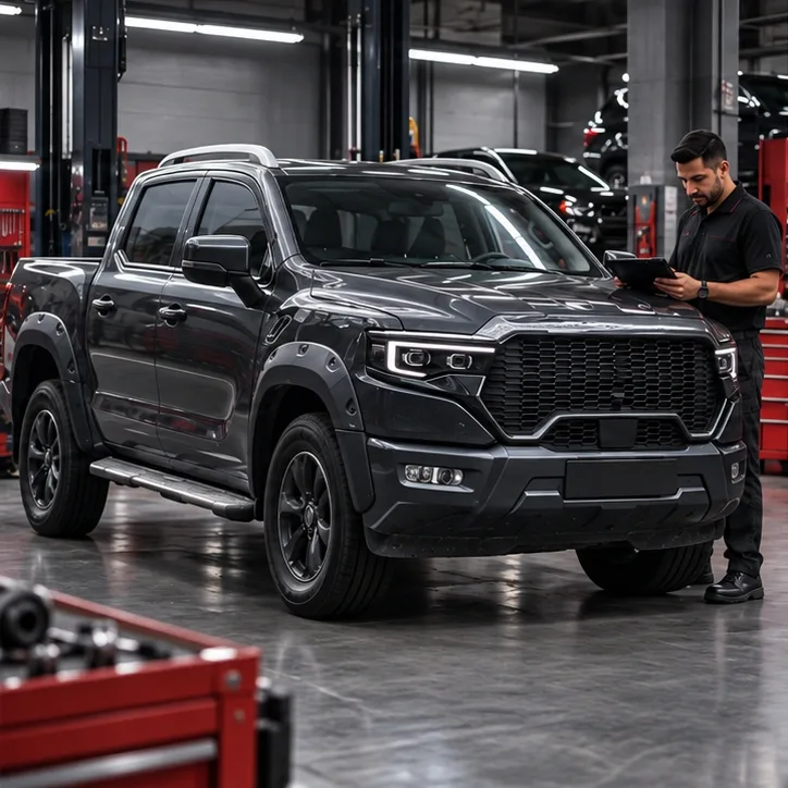 Técnico con una tablet de diagnóstico junto a una camioneta Foton V9
